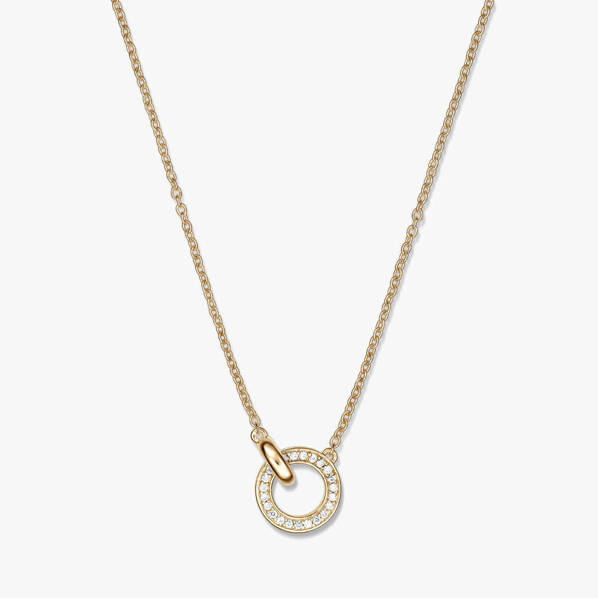 Gold-linked silver necklace featuring a small gold-tone open-circle pendant pavé set with clear stones on a fine chain, shown on a white background.