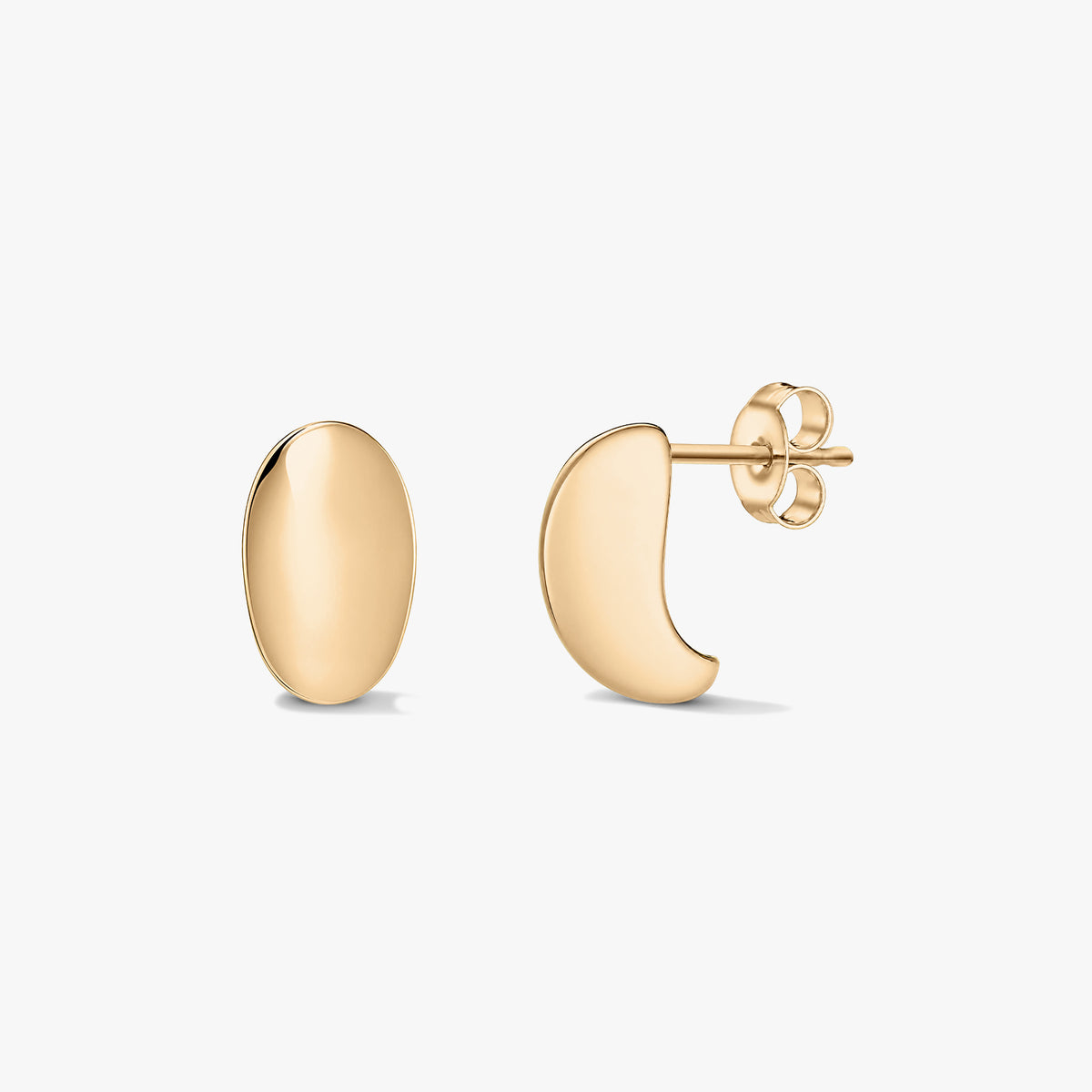 Gold half-dome silver stud earrings on a white background; one shown front-on and the other in profile revealing the post and butterfly clutch.
