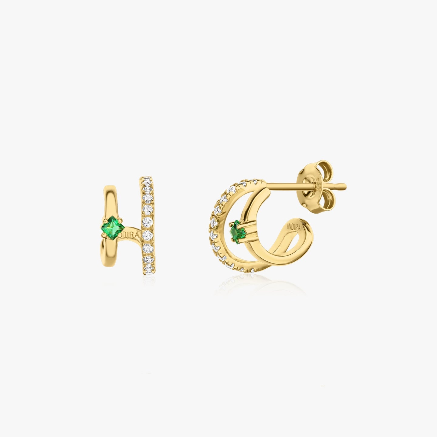 Golden Double Silver Earrings - Zirconia & Green Alpanite - Indira