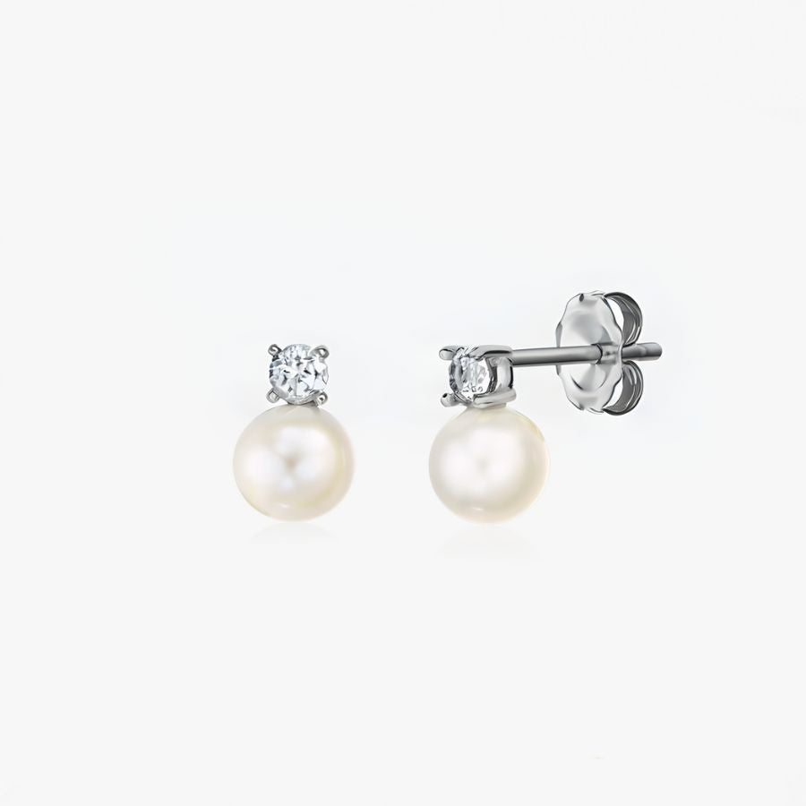 Astrid Silver Earrings - Natural Pearl and White Topaz - Indira