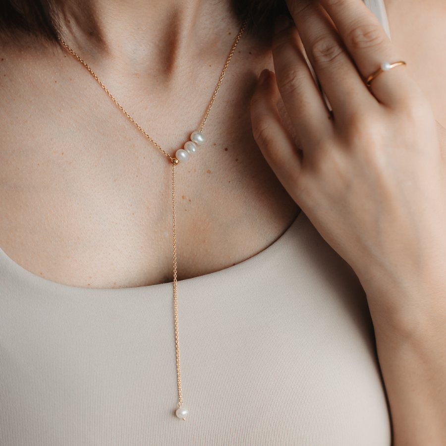 Adjustable Golden Silver Lariat Necklace - Cultured Pearls - Indira
