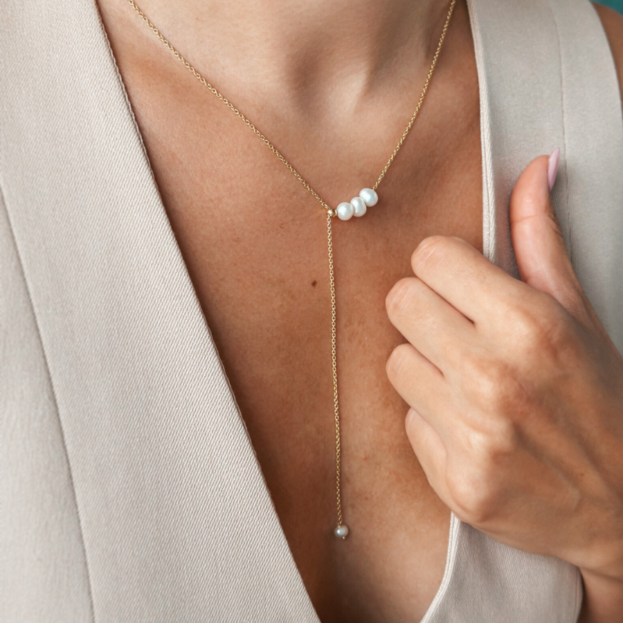 Adjustable Golden Silver Lariat Necklace - Cultured Pearls - Indira
