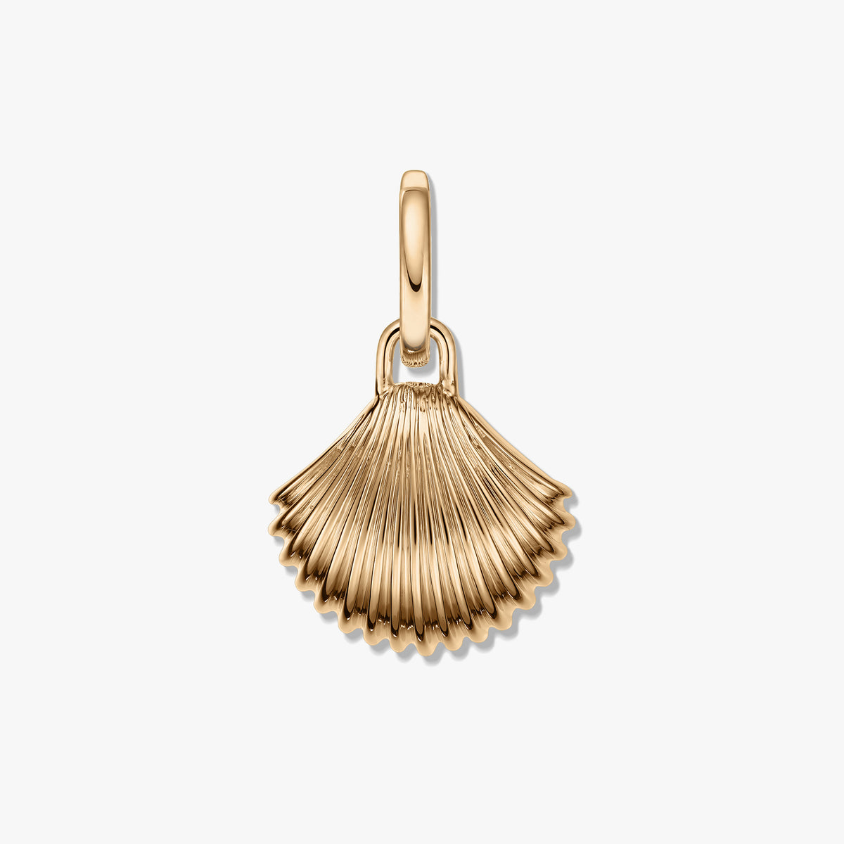 Pendentif doré en forme de coquillage avec texture cannelée et finition polie ton or sur fond blanc.