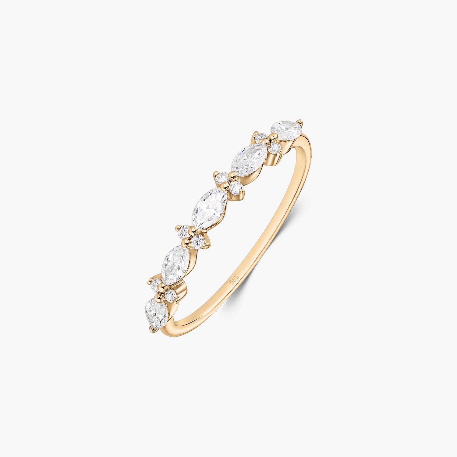 Aurora 14K yellow gold ring with alternating marquise and round natural diamonds on a slender band, shown on a white background.