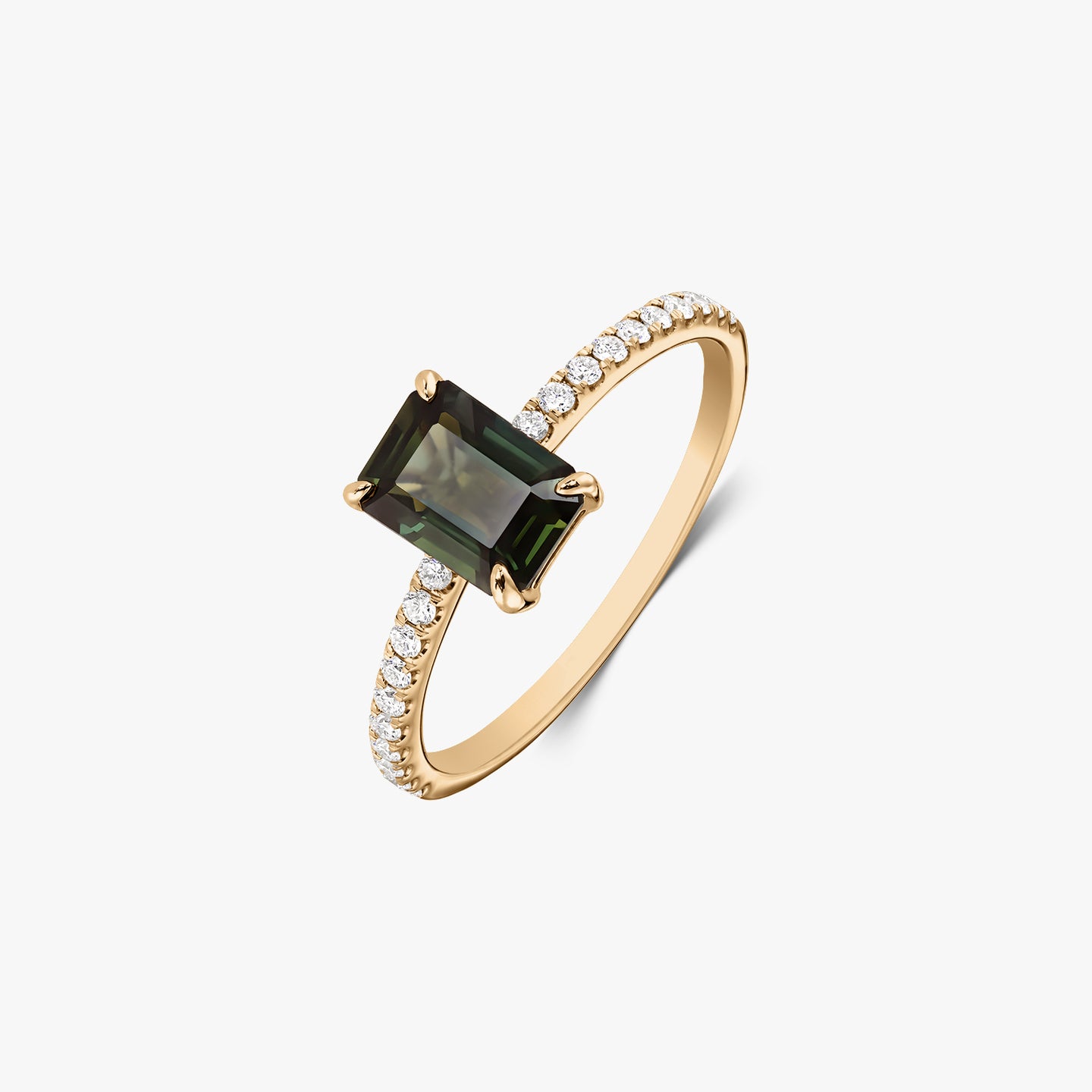 Elegant 14K yellow gold ring featuring an emerald-cut green sapphire center and pavé natural diamonds on the band, isolated on a white background.