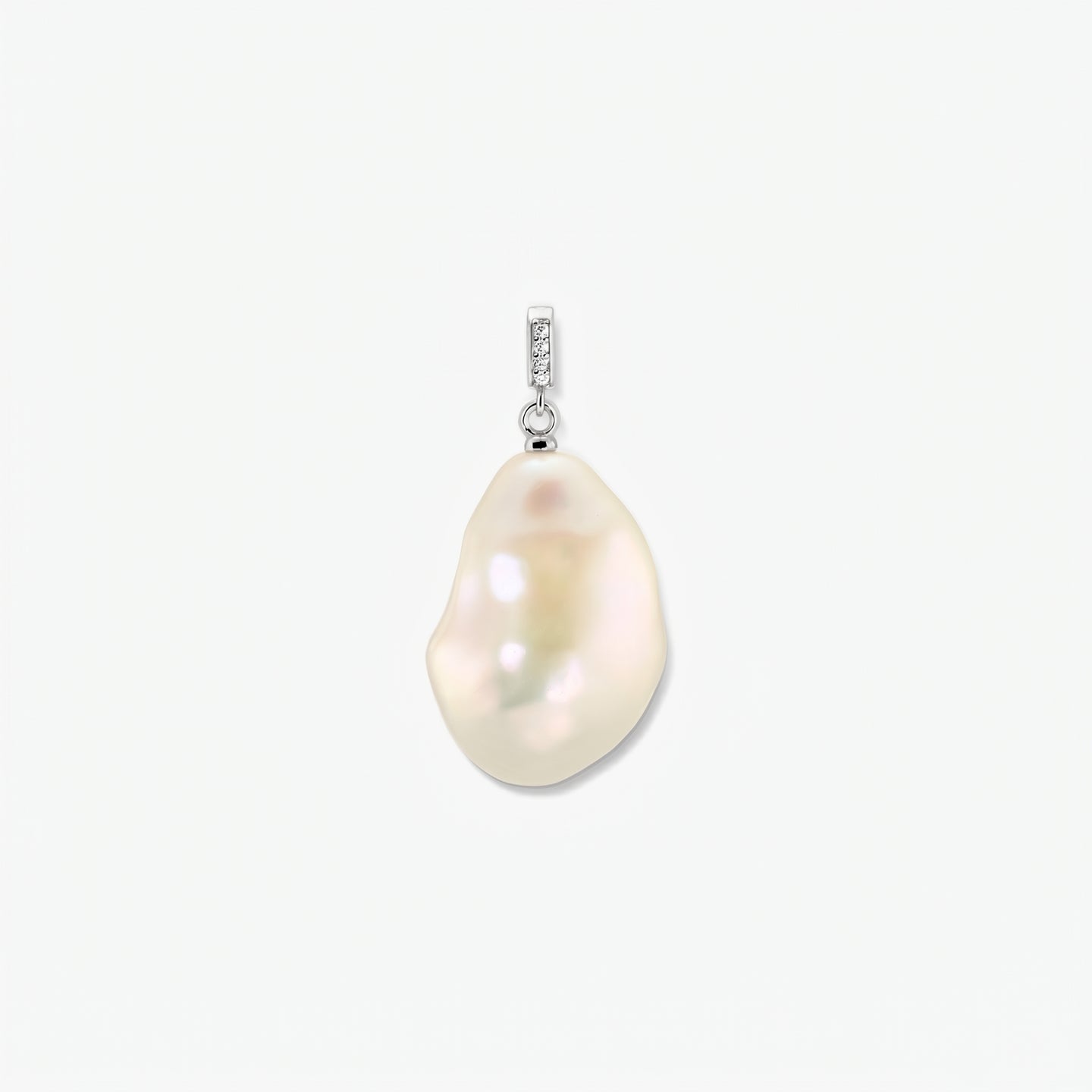 Elegant rhodium-plated baroque pearl pendant with a zirconia-accented bail, centered on a clean white background.