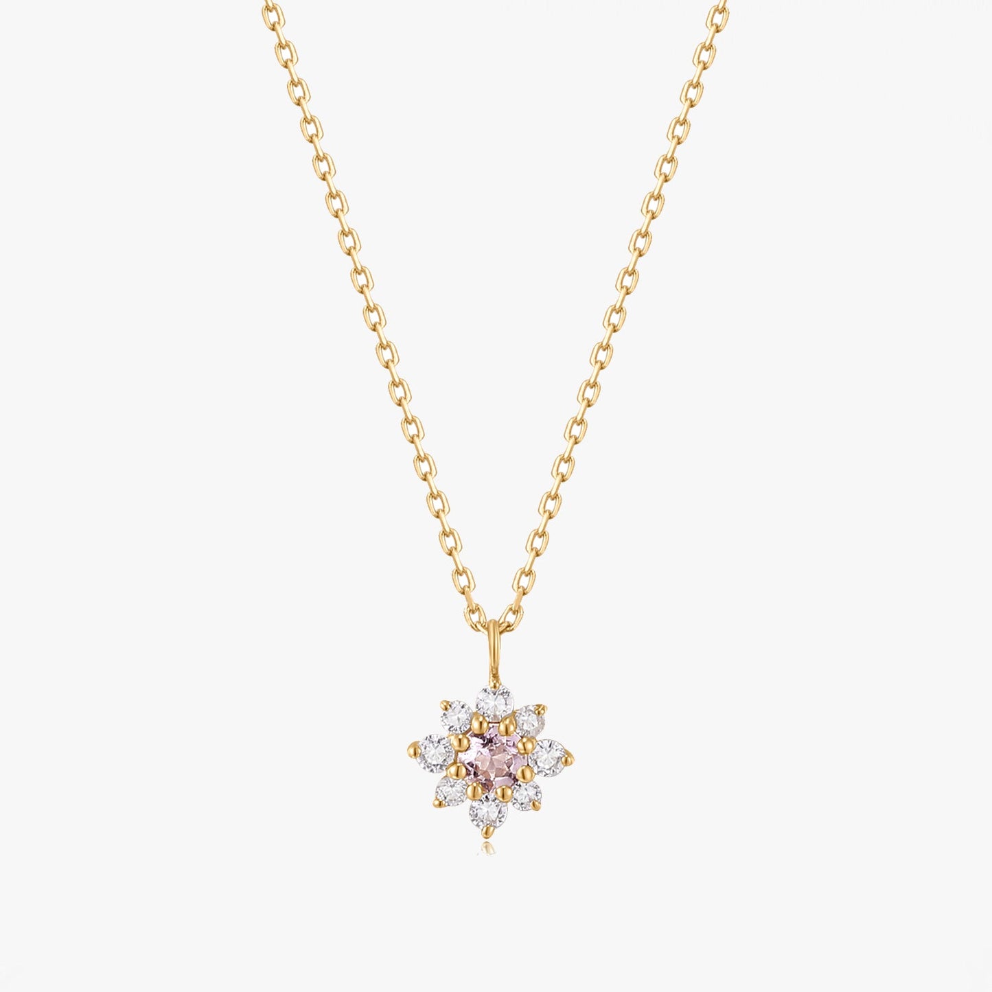 Flora Yellow Gold Necklace featuring a central pink morganite stone surrounded by white sapphires