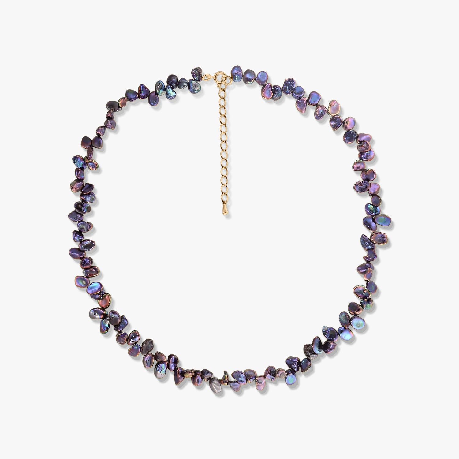 Golden Mini Lulu silver necklace with black keshi pearls and a gold‑plated extender chain on a white background.