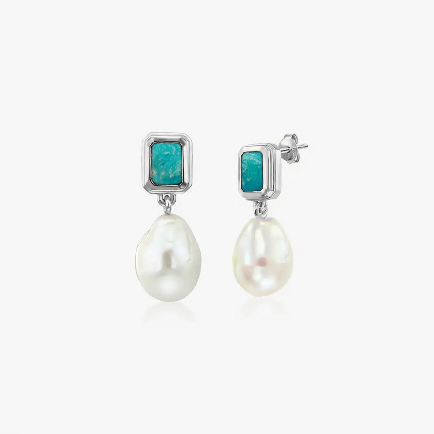 Antique Silver Earrings - Turquoise, Natural Pearls - Indira
