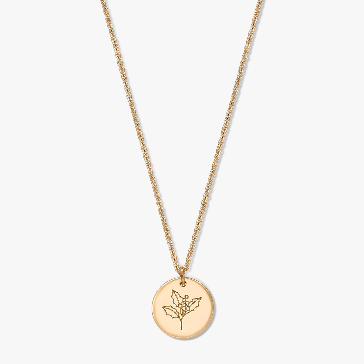 Collier en argent sterling plaqué or avec pendentif disque rond gravé d’un motif de houx (fleur de naissance de décembre), sur fond blanc.