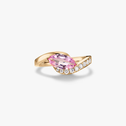 14K yellow gold wrap ring featuring a marquise-cut pink sapphire and pavé natural diamonds on a white background.