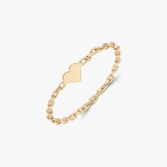 14K yellow gold chain ring featuring a small flat heart plaque, shown on a white background.