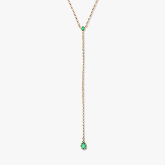 Elegant gold-plated sterling silver lariat necklace with green onyx accents and a teardrop drop pendant, photographed on a white background.