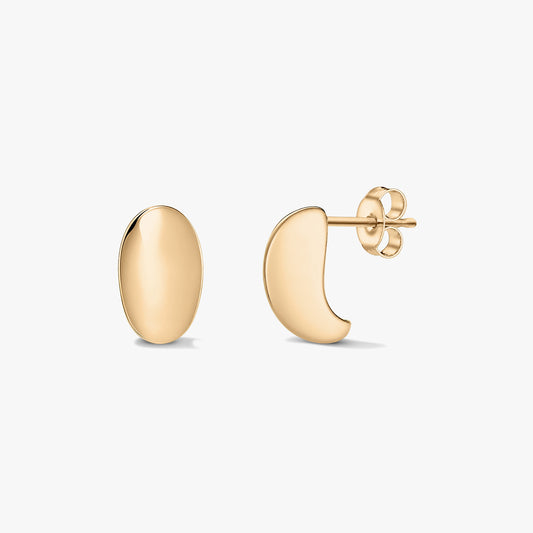 Gold half-dome silver stud earrings on a white background; one shown front-on and the other in profile revealing the post and butterfly clutch.