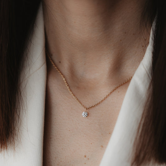 Golden Solitaire Silver Necklace - Zirconia