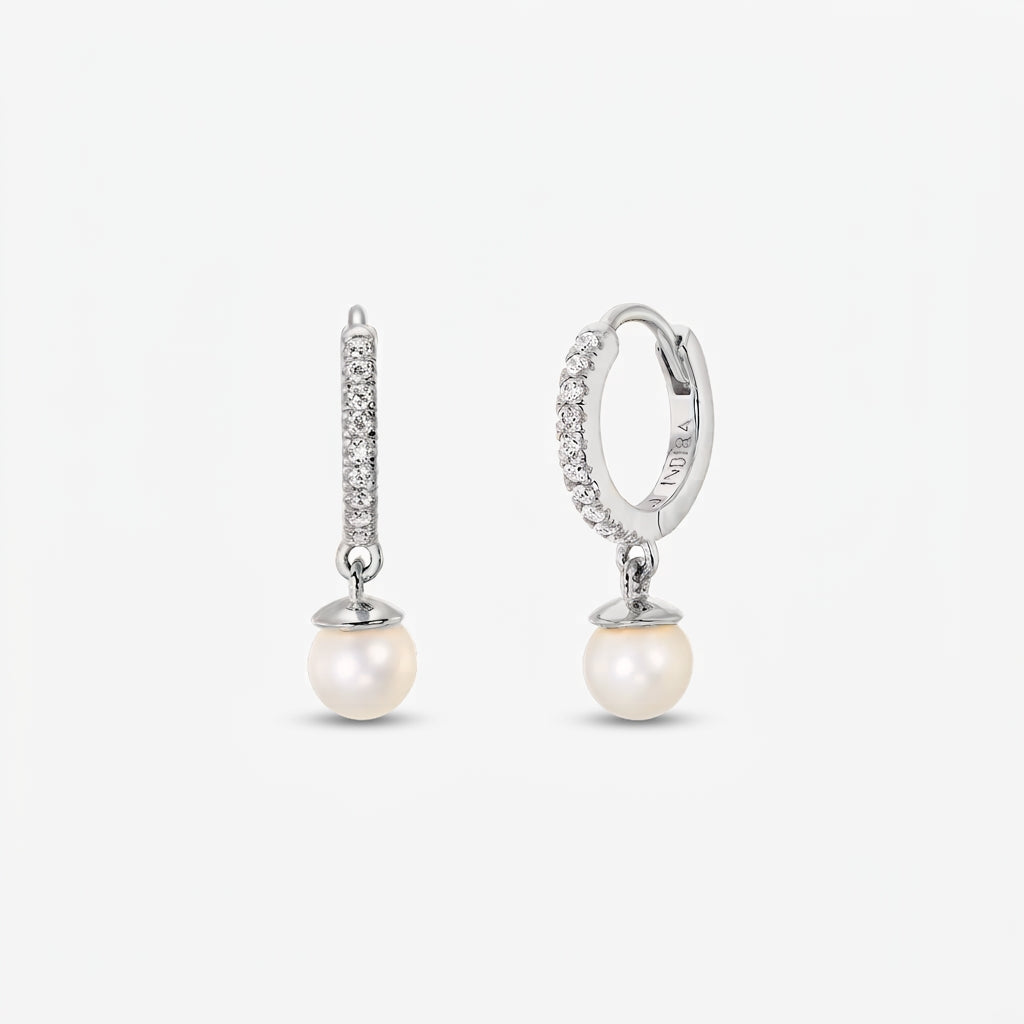 Pair of silver hoop earrings with pavé zirconia and round white natural pearl drops, shown on a white background.