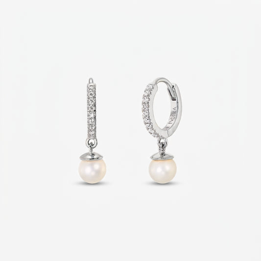 Pair of silver hoop earrings with pavé zirconia and round white natural pearl drops, shown on a white background.