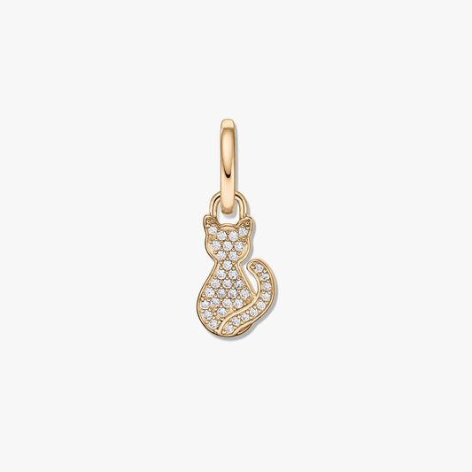 Gold-tone sterling silver cat pendant with clear cubic zirconia on a white background.