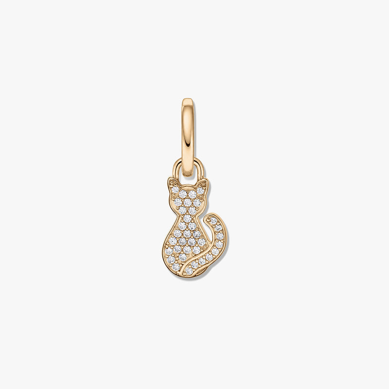 Gold-tone sterling silver cat pendant with clear cubic zirconia on a white background.