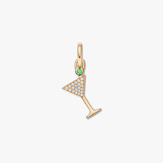 Gold-tone sterling silver pendant in the shape of a martini glass, adorned with pavé clear zirconia and a small green stone accent on a white background.