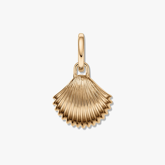 Golden shell-shaped pendant with ribbed texture and a polished gold-tone finish on a white background.