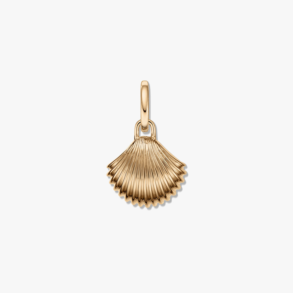 Golden silver shell pendant with a ridged fan shape and polished finish on a white background.