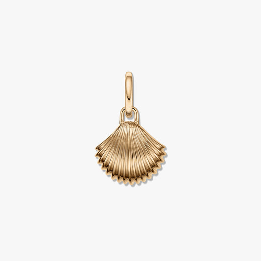 Golden silver shell pendant with a ridged fan shape and polished finish on a white background.