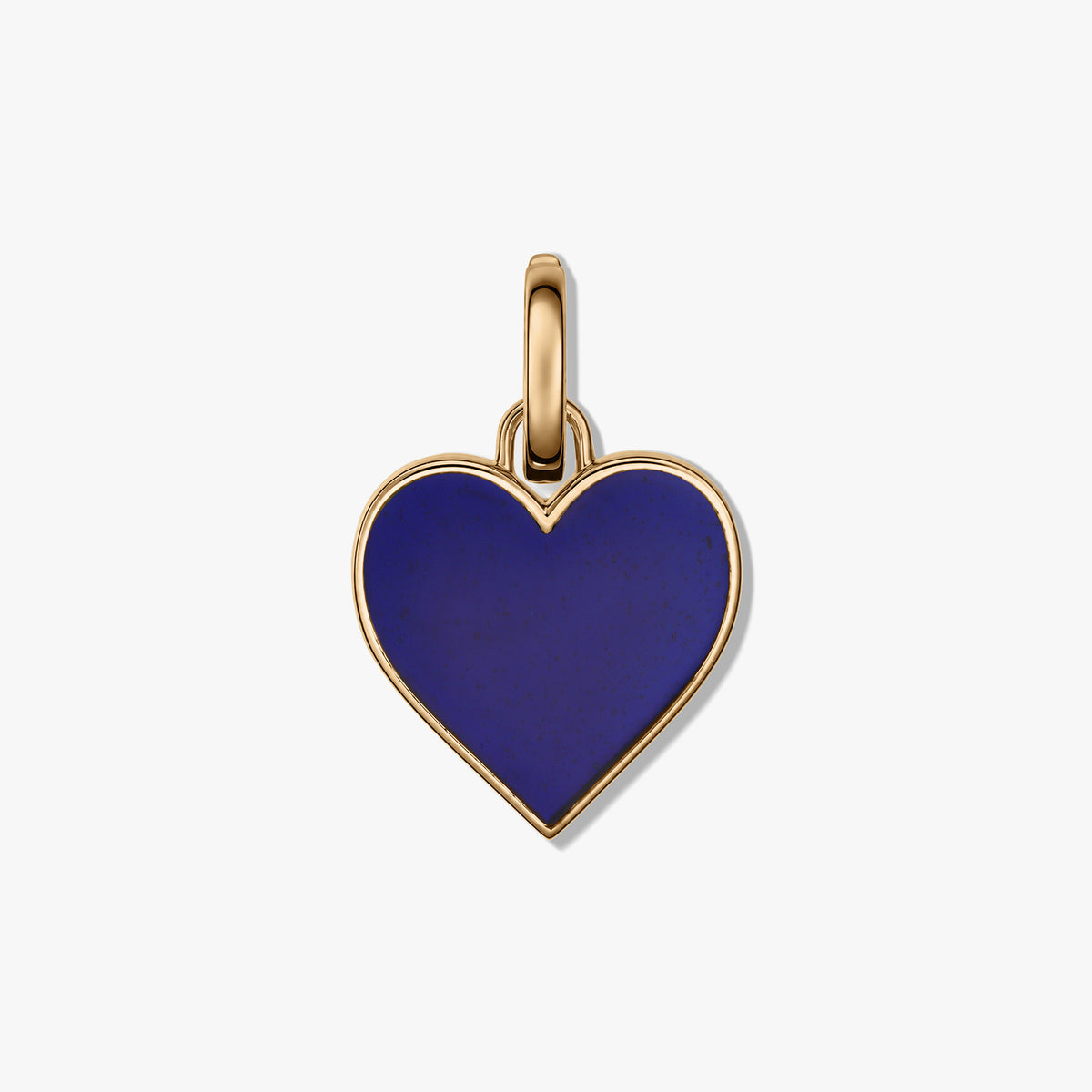 Pendentif en forme de cœur bleu avec bordure et bélière dorées sur fond blanc.