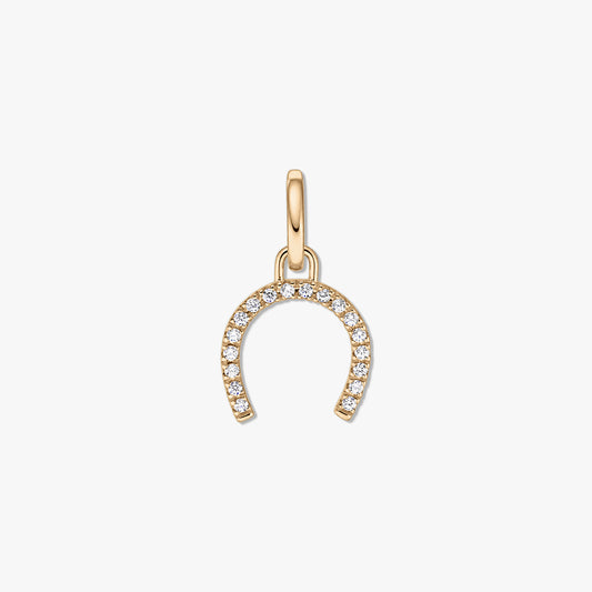 Silver pendant shaped like a golden horseshoe, adorned with clear zirconia stones, displayed on a white background.