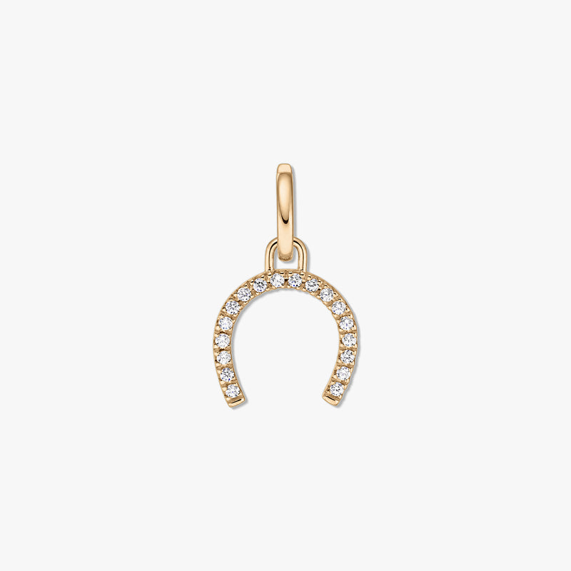 Silver pendant shaped like a golden horseshoe, adorned with clear zirconia stones, displayed on a white background.