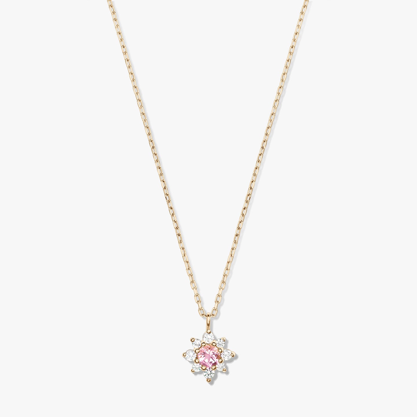 14K yellow gold necklace with a delicate chain and a floral pendant featuring a pink morganite center surrounded by white sapphires on a white background.