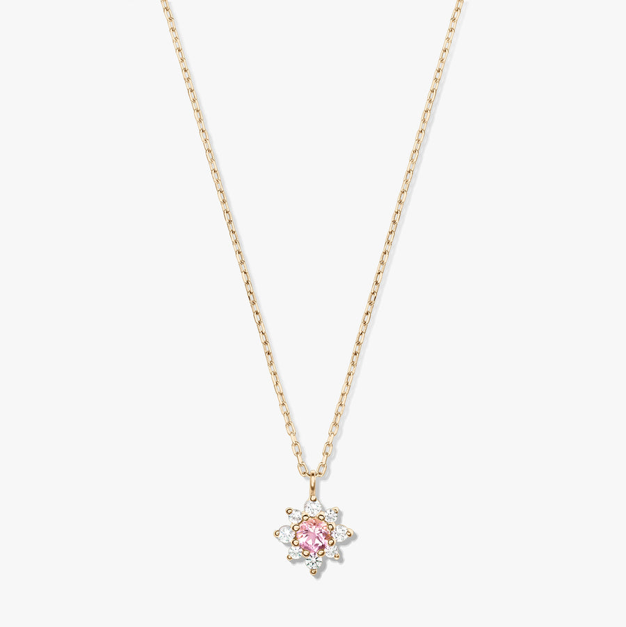 Elegant 14K yellow gold necklace with a delicate chain and a floral pendant featuring a pink morganite center surrounded by white sapphires on a white background.