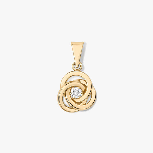 Pendentif Eternal Knot en or avec boucles entrelacées en or jaune et pierre ronde centrale transparente sur fond blanc.