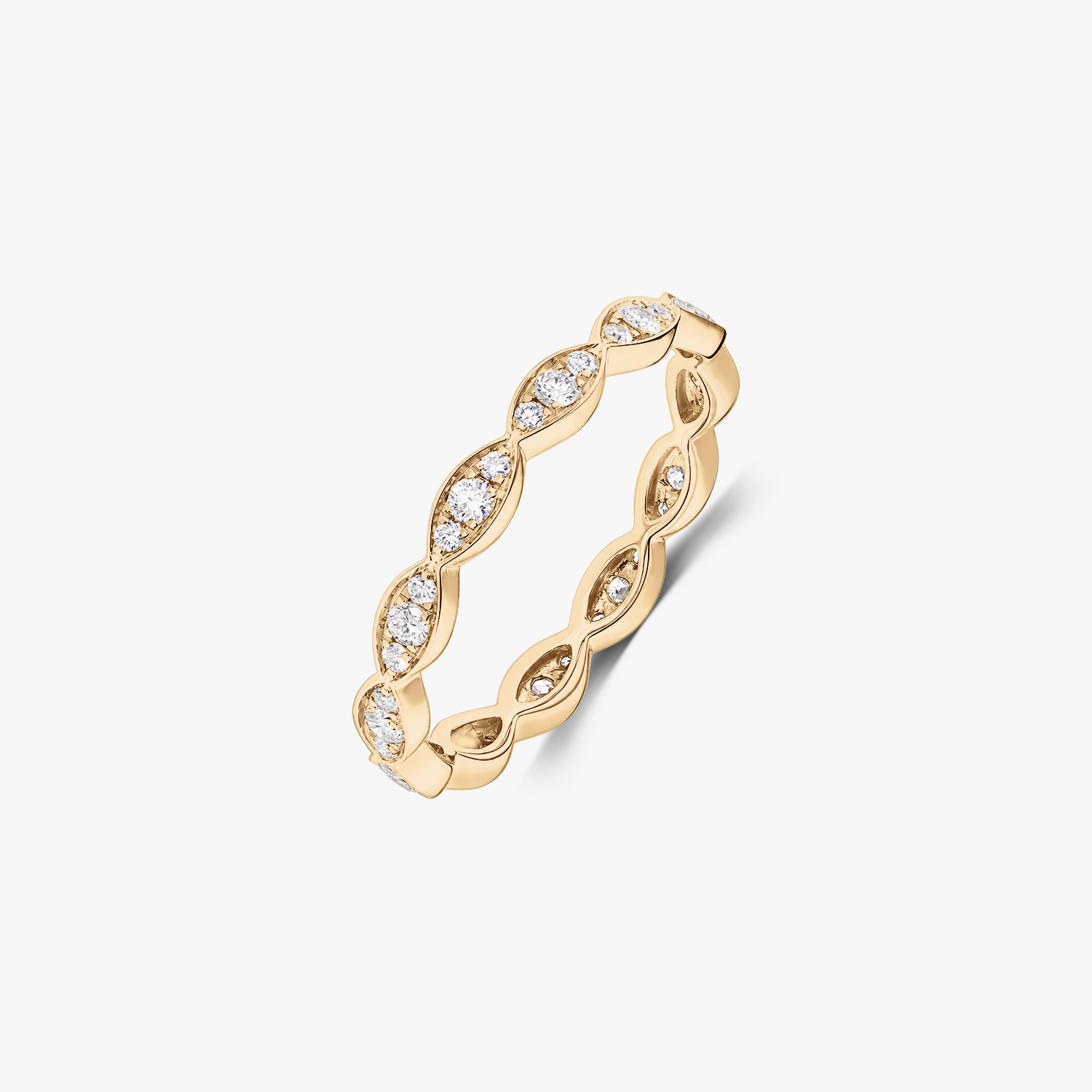 Luna 14K yellow gold ring with natural round diamonds set in marquise-shaped links, isolated on a white background.