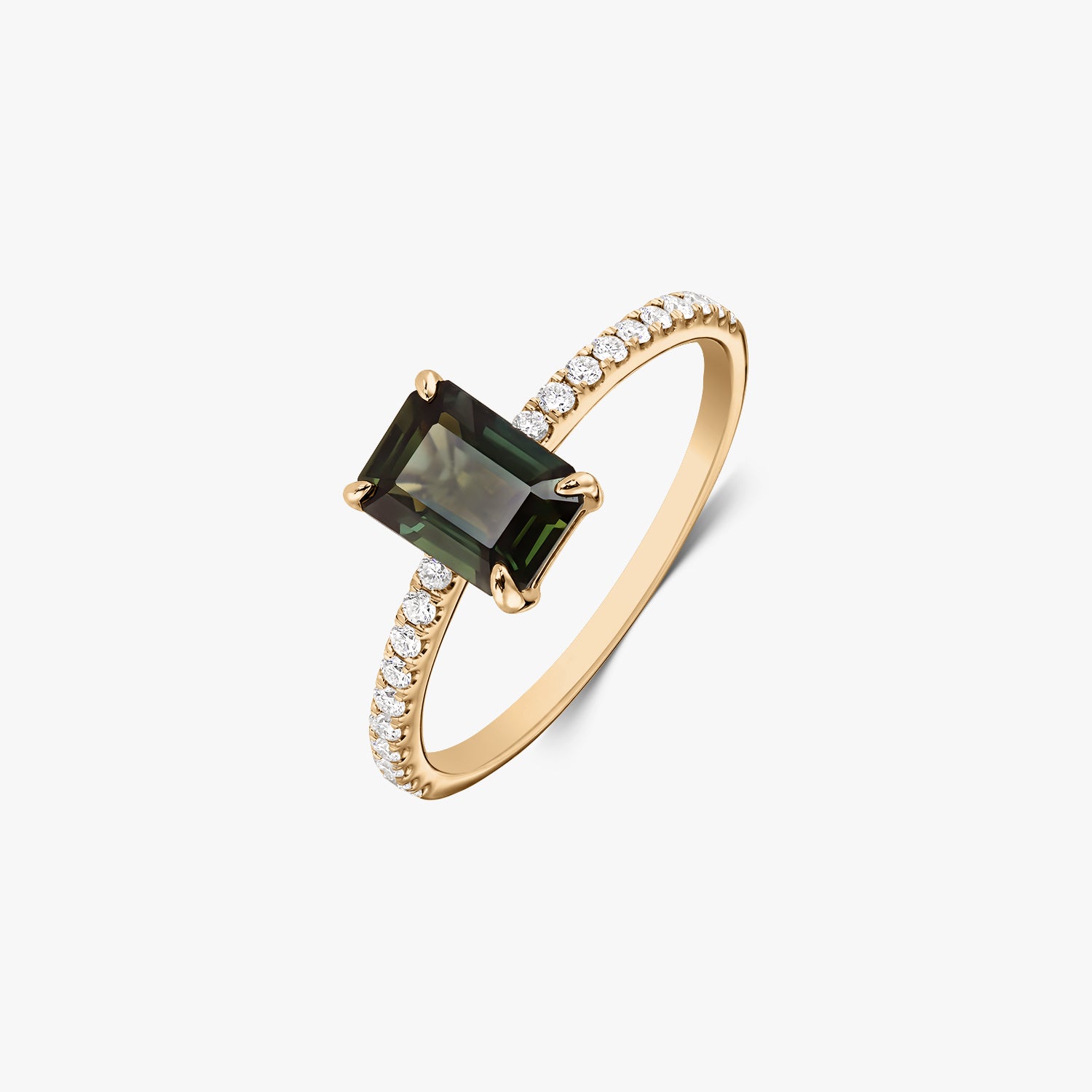 Elegant 14K yellow gold ring featuring an emerald-cut green sapphire center and pavé natural diamonds on the band, isolated on a white background.