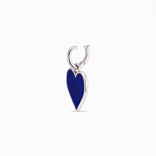 Silver heart pendant with deep blue inlay on a small hoop bail, isolated on a white background.