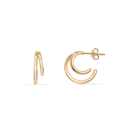 Pair of double hoop stud earrings in polished gold-tone 925 sterling silver, shown from front and side views on a transparent background.