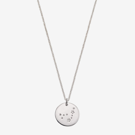 Delicate 925 sterling silver Capricorn zodiac disc pendant necklace with white sapphire accents, photographed on a white background.