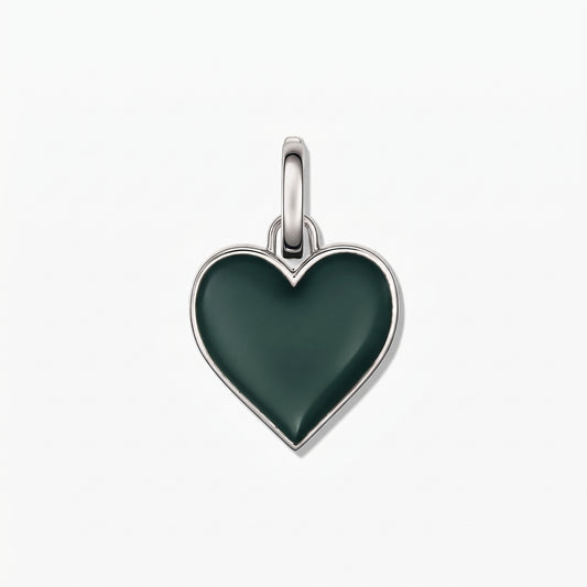 Rhodium-plated 925 silver heart pendant with a deep green inlay, centered on a white background.