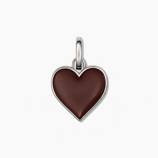 Sterling silver heart pendant with glossy brown enamel center on a white background.