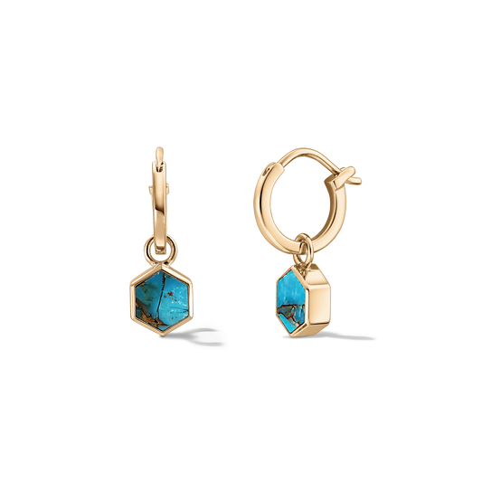 Pair of small 925 silver hoop earrings with gold-tone finish and hexagon turquoise Blue Copper stone charms on a clean, transparent background.