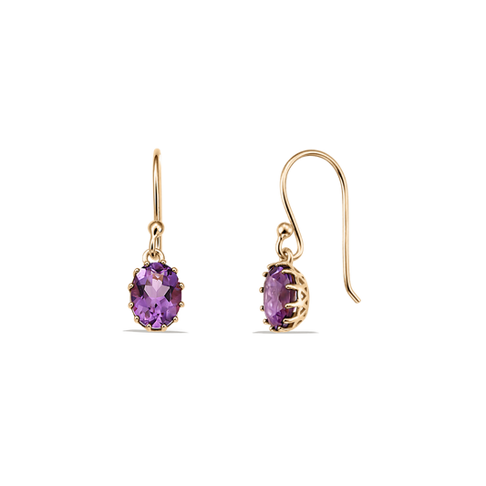 Front and side views of gold-plated sterling silver dangle earrings with oval faceted amethyst stones on hook wires, isolated on a transparent background.