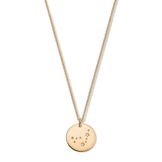 Gold-tone 925 silver zodiac necklace featuring a round Capricorn constellation pendant adorned with small white sapphire accents, displayed on a transparent background.