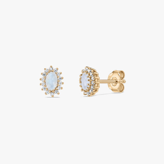 Pair of gold‑plated sterling silver stud earrings with oval moonstone centers and a halo of small white stones, shown on a white background in front and side views.