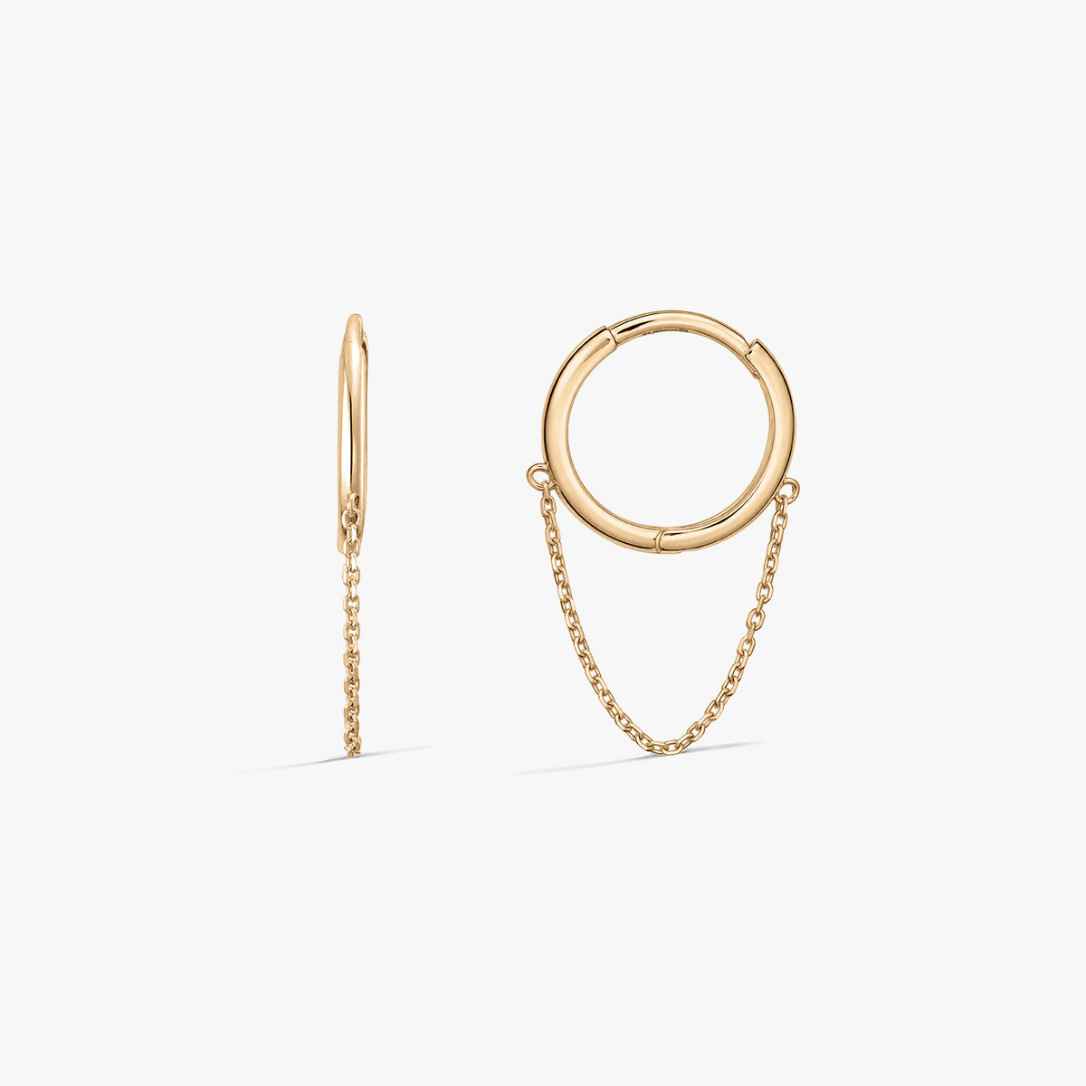 Gold chained hoop earrings on a white background, shown from the front and side with delicate chain details.
