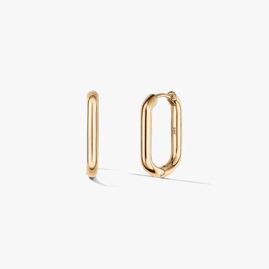 Pair of rectangular gold-plated sterling silver hoop earrings on a white background.