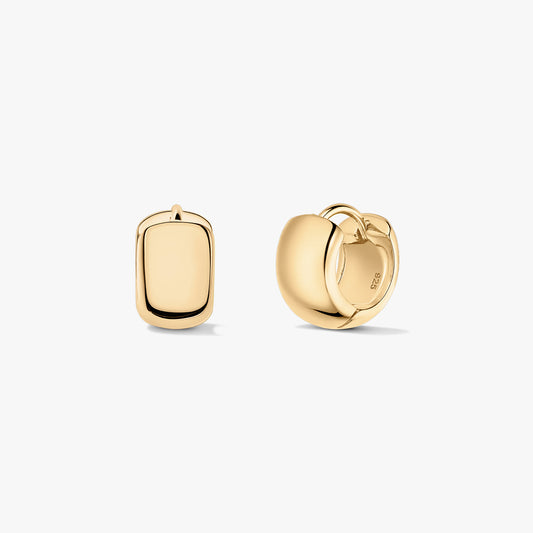 Pair of polished mini huggie hoop earrings in gold‑tone sterling silver (925), shown front and side on a white background.