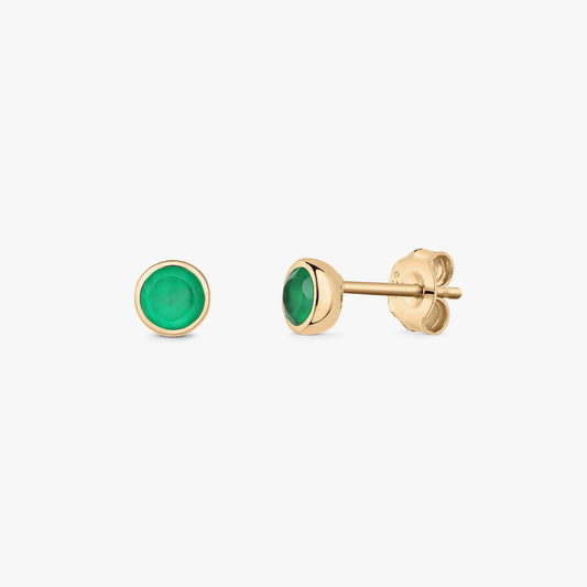 Elegant pair of gold‑plated sterling silver stud earrings featuring round green onyx stones on a white background.