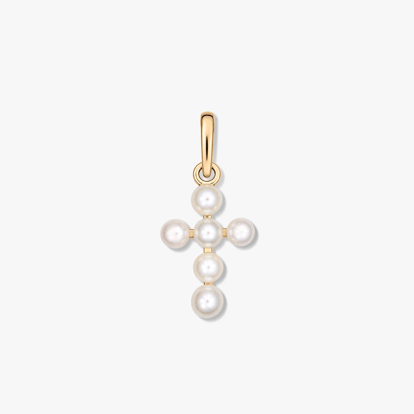 Elegant yellow-gold pendant featuring a cross crafted from small round natural white pearls, shown on a clean white background.