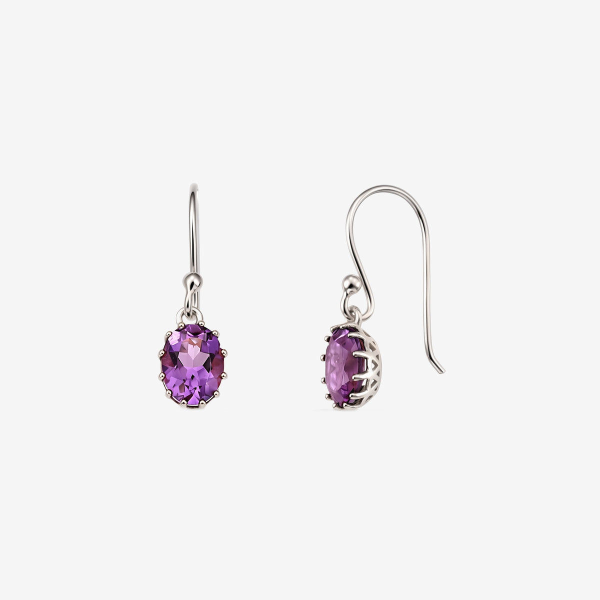 Serene Silver Earrings — oval faceted amethyst drops set in silver prongs on French hooks, shown from front and side on a white background.